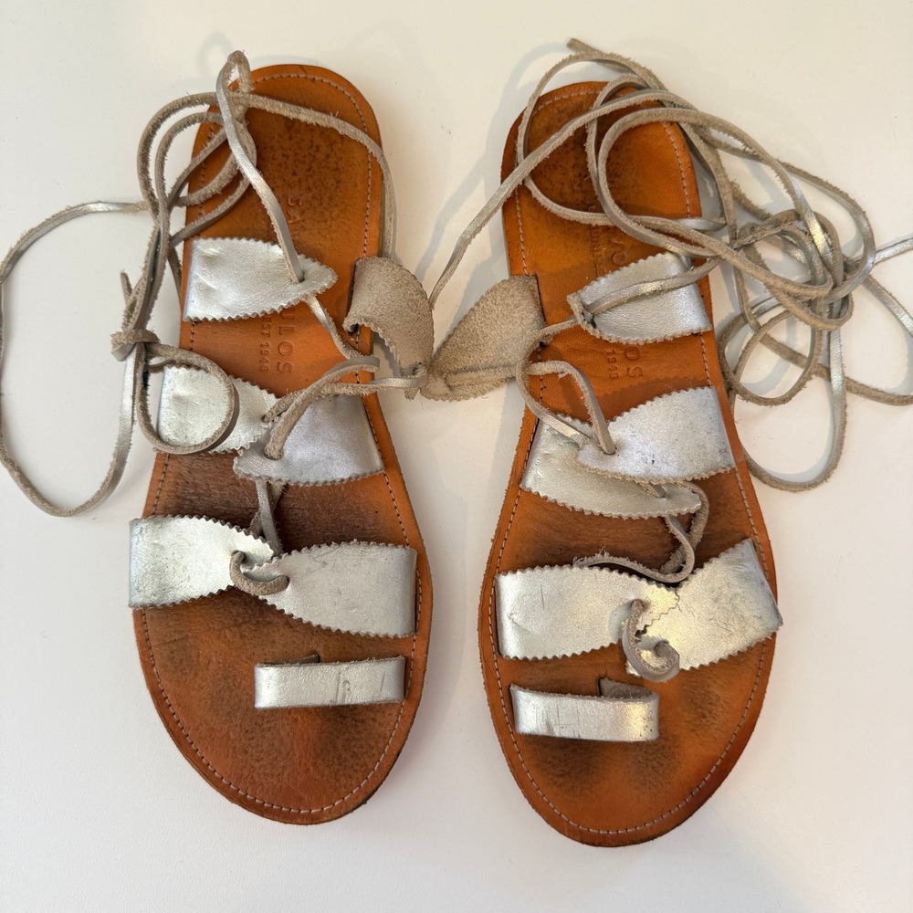 Savopoulos Greek Leather Gladiator Sandals Silver Lace Up Flat Toe Loop Size 8